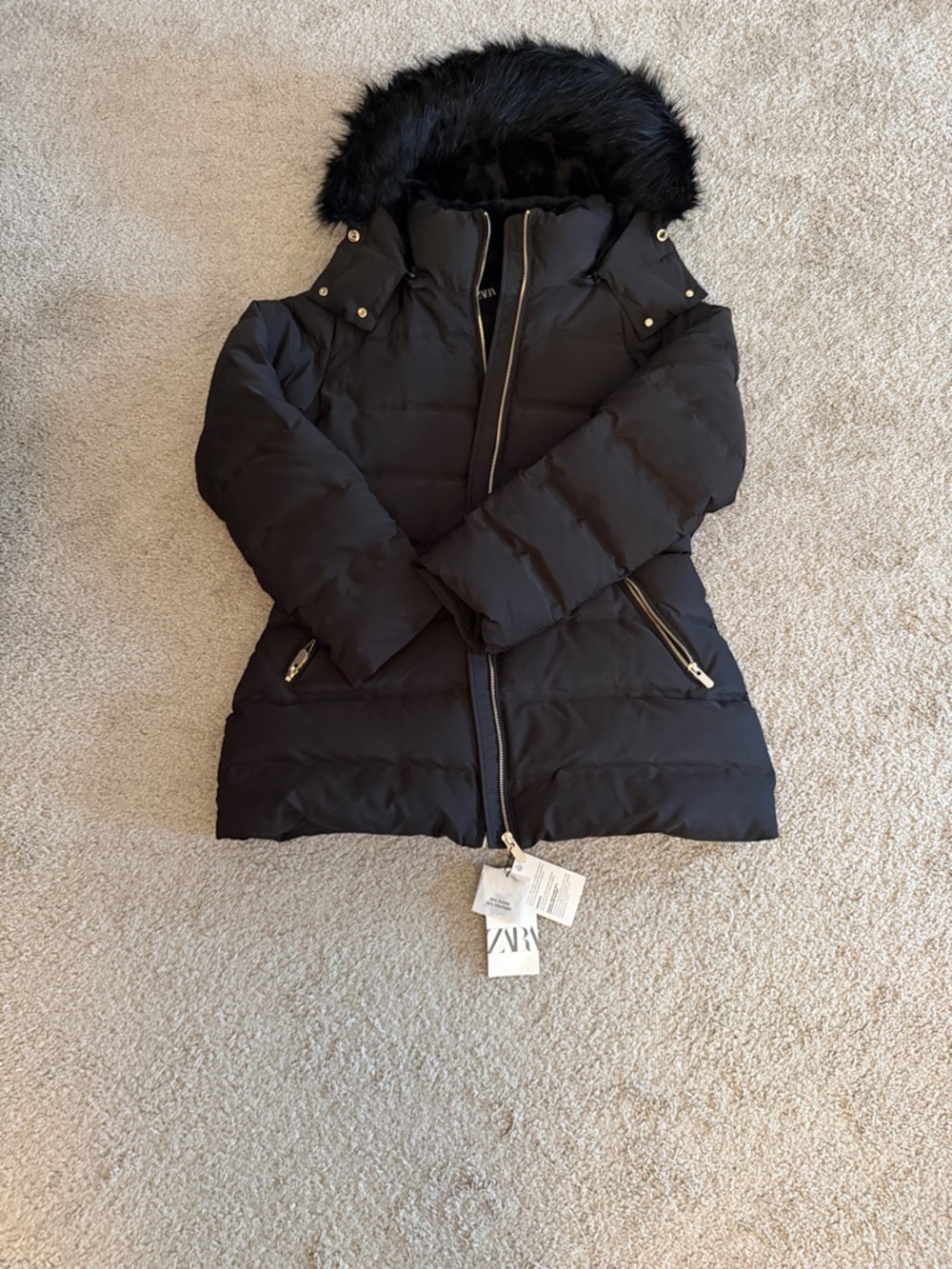 Zara Black Quilted Puffer Coat with Faux-Fur Hood
